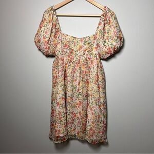 Storia Mini Babydoll Dress Size Medium Floral Aspen Meadow Puff Sleeve Smocked
